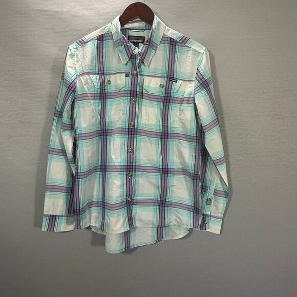 Patagonia Shirt Womens Small Plaid Purple Blue Long Sleeve Button Up Pockets - Picture 1 of 10